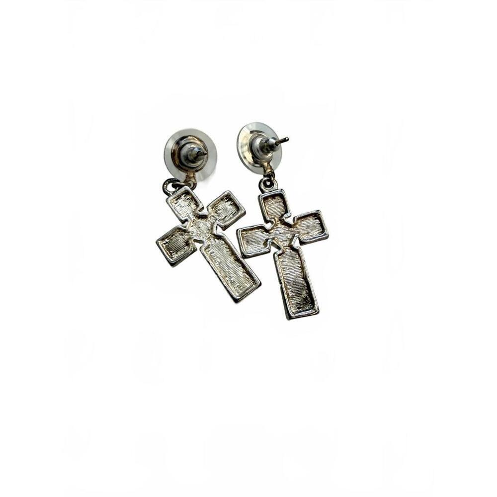 Vintage Multicolor Glass Cross Dangle Earrings | Silver Tone - Picture 3 of 5